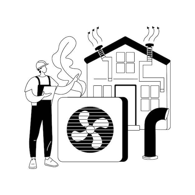 Illustrazione vettoriale del concetto astratto del sistema di ventilazione ventilazione meccanica, ventilazione e manutenzione del sistema di raffreddamento ventola di scarico nuovo scambio del flusso d'aria migliorare la qualità dell'aria metafora astratta