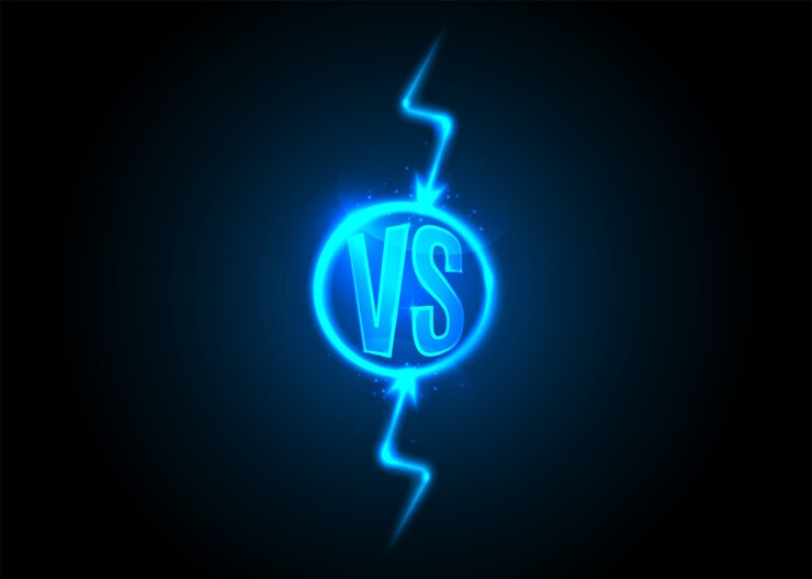 मुफ़्त वेक्टर versus icon. vs letters is into round circle. lightning bolt. blue neon cartoon thunder.