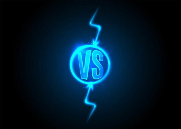 Versus icon. VS letters is into round circle. Lightning bolt. Blue neon cartoon thunder.