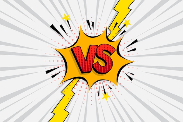 Versus VS letters fight in flat comics style design with halftone, lightning.