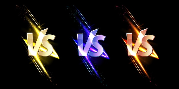 Free vector versus vs signs with glow and sparks game or sport confrontation symbols on black with glowing sparkles martial arts combat fight battle competition challenge realistic set