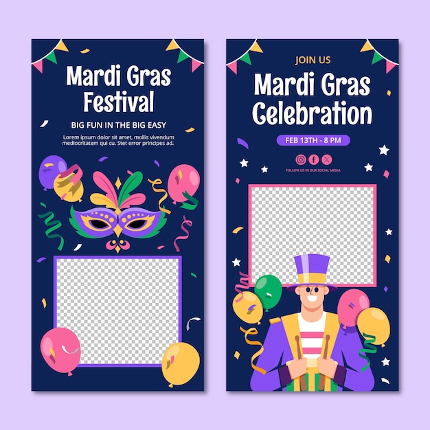 Vettore gratuito modello di striscione verticale per la celebrazione del carnevale di mardi gras