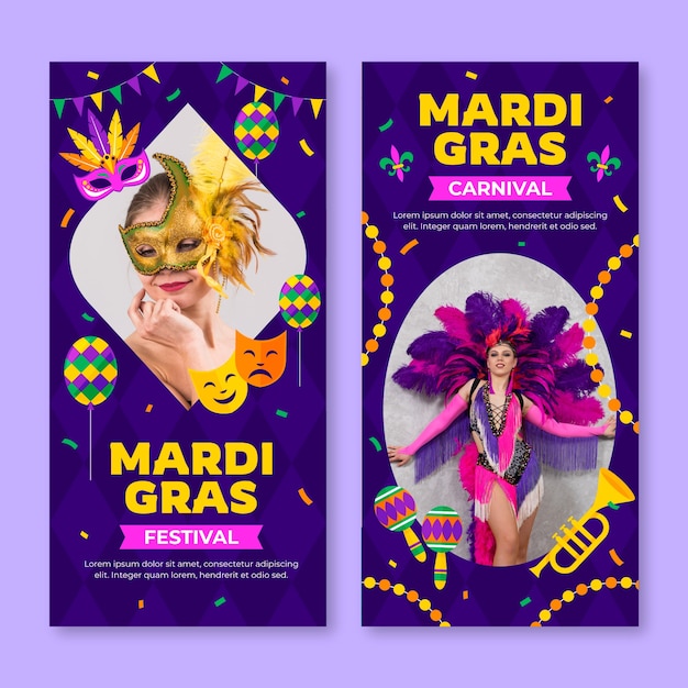 Modello di striscione verticale per la celebrazione del carnevale di mardi gras