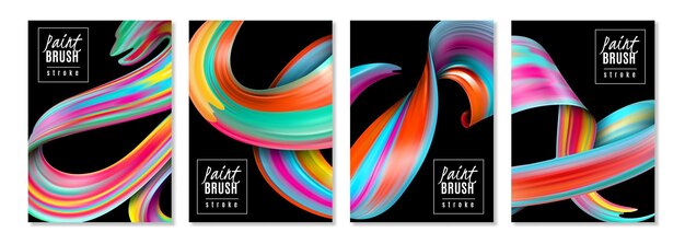 Vertical banners colorful brush strokes of oil or acrylic paints on black  isolated