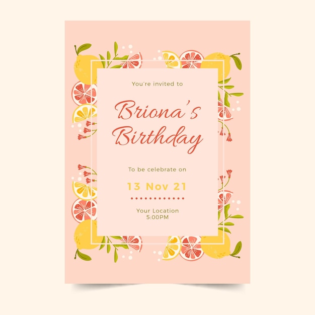 Vertical birthday invitation template with citrus