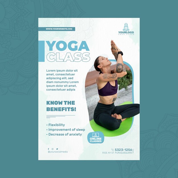 Vertical flyer template for yoga practice with woman