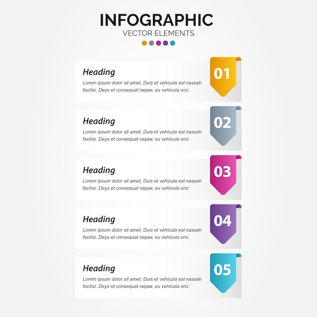 수직 infographic 비즈니스 마케팅 벡터 디자인 다채로운 템플릿 폴더 5 옵션 또는 최소한의 스타일 단계