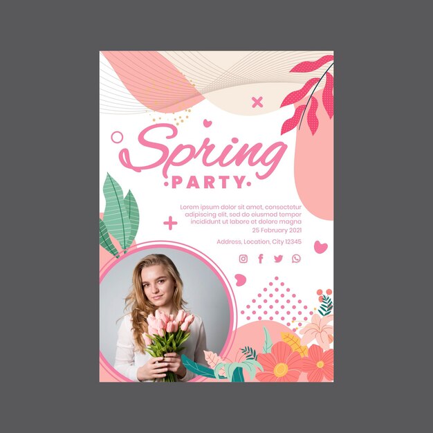 Vertical poster for spring party with woman and flowers