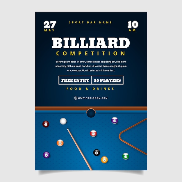 Vettore gratuito modello di poster verticale per club di biliardo e gioco di biliardo