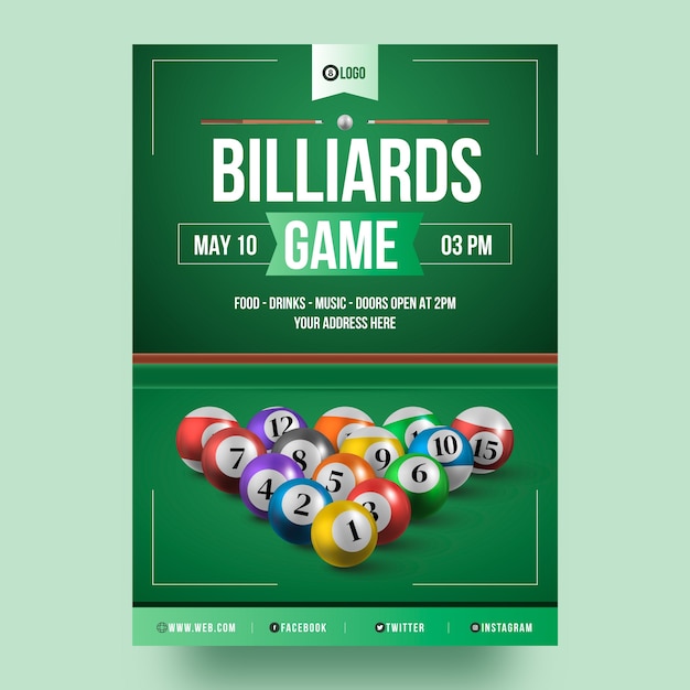 Vettore gratuito modello di poster verticale per club di biliardo e gioco di biliardo