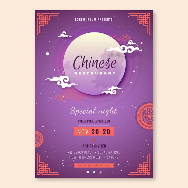 Free vector vertical poster template for chinese restaurant with moon