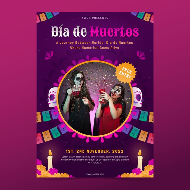 Vettore gratuito modello di poster verticale per le vacanze del dia de muertos