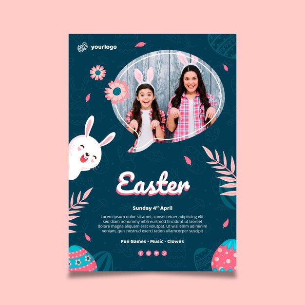 Vertical poster template for easter with bunny and family