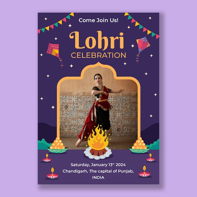 Vettore gratuito modello di poster verticale per la celebrazione della festa di lohri