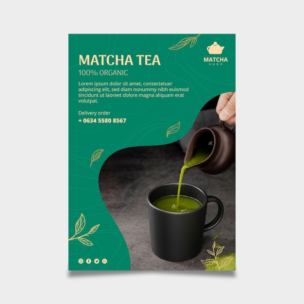 Vettore gratuito modello di poster verticale per tè matcha