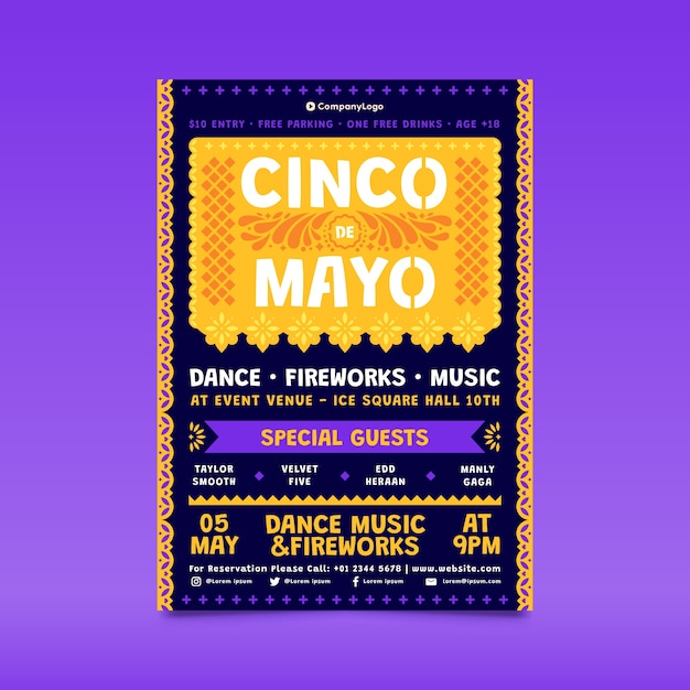 Vettore gratuito modello di poster verticale per la celebrazione del cinco de mayo messicano