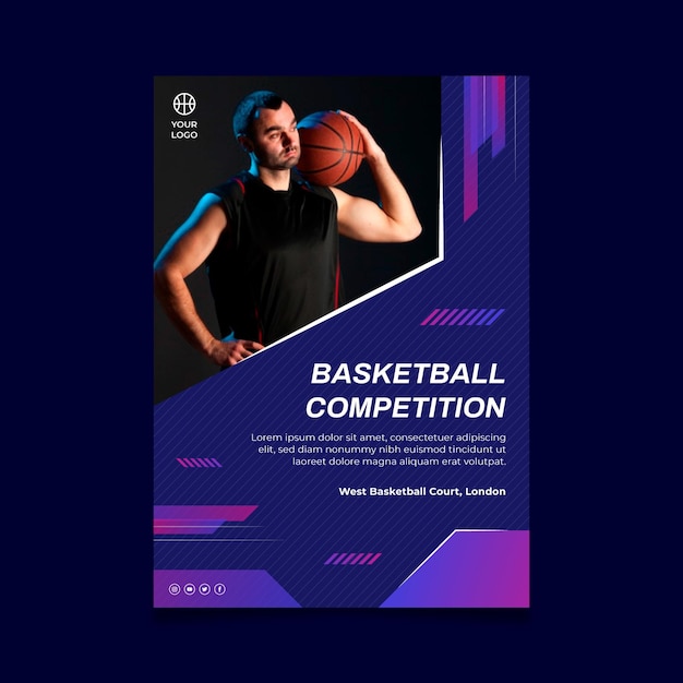 Vettore gratuito modello di poster verticale con giocatore di basket maschile