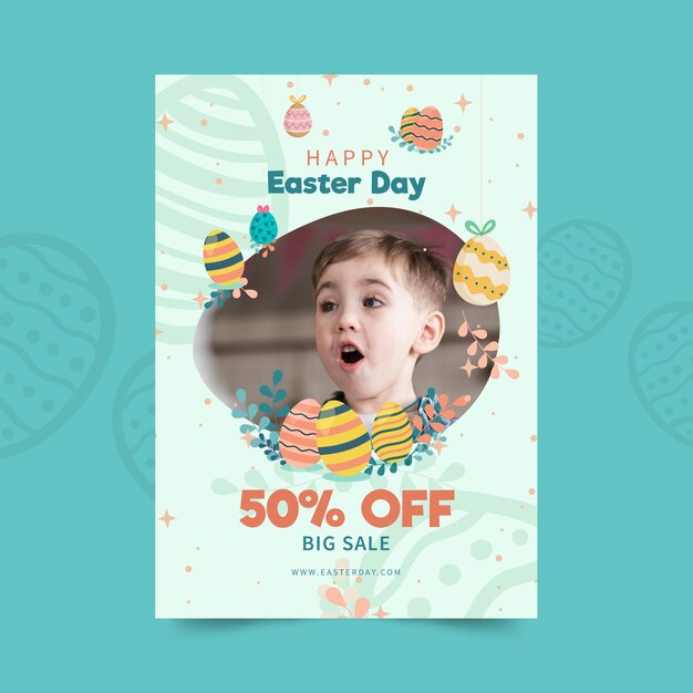 vertical sale poster template for easter with eggs and child