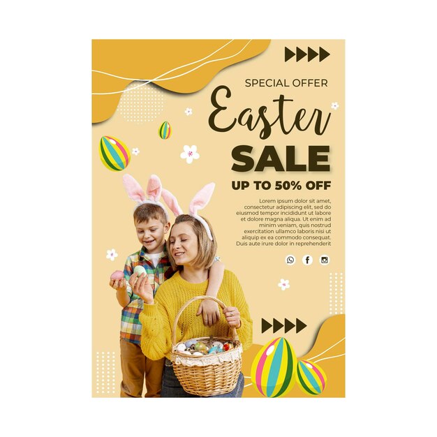 Vertical sale poster template for easter with mother and son