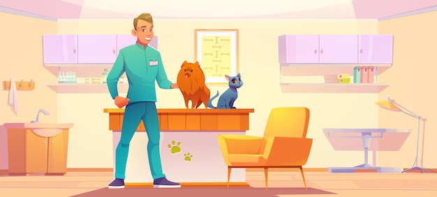Armadio della clinica veterinaria con animali e medico veterinario uomo con cane e gatto nel suo ufficio animali medi... Vettore gratuito