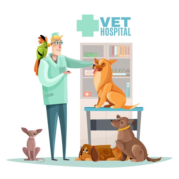 vet hospital composition with veterinarian and pets interior elements flat