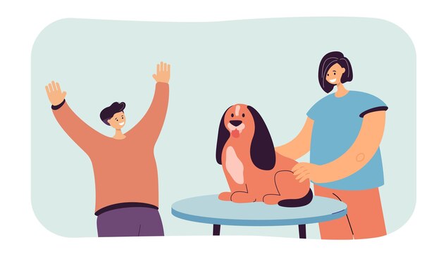 Veterinarian examining dog at clinic flat vector illustration. Male owner happy that his pet healthy. Occupation, vet clinic, healthcare concept for banner, website design or landing web page