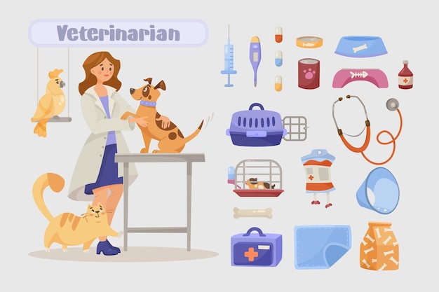 Free vector veterinarian tools cartoon illustration set. female vet examining happy dog. pills, food, thermometer, stethoscope, first-aid kit, pet carrier. profession, occupation, job, equipment concept