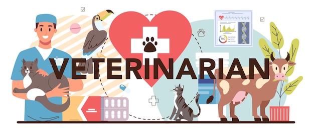 Veterinarian typographic header Veterinary doctor checking and treating animal Idea of pet care Animal medical treatment and vaccination Vector flat illustration