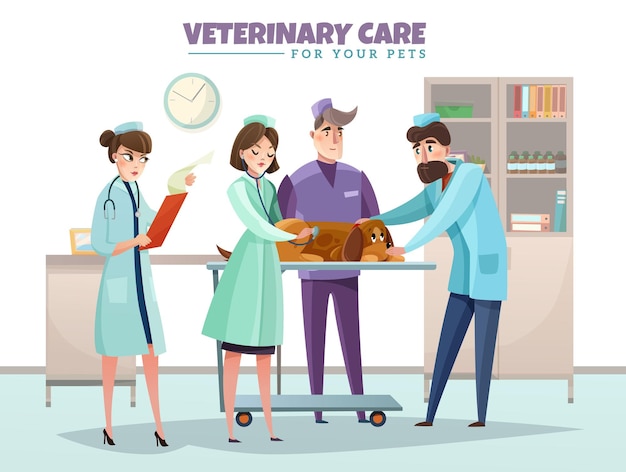 Veterinary care composition with vet doctors during dog inspection interior elements flat