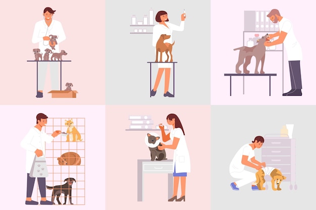 Free vector veterinary clinic compositions set of flat animals and characters of medical specialists taking care of pets illustration