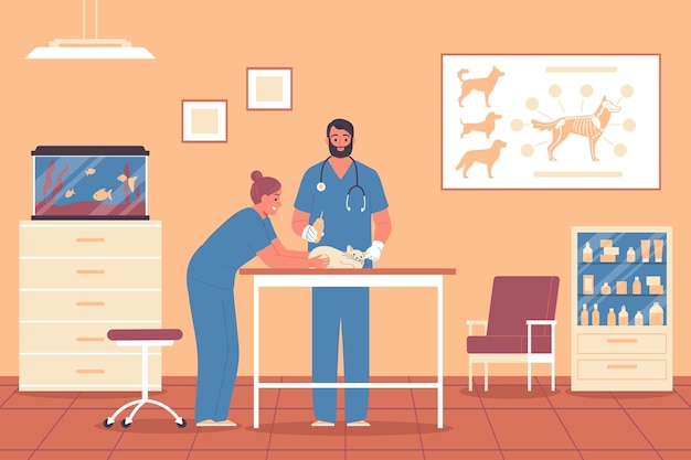 Бесплатное векторное изображение Ветеринарная клиника на плоском фоне с врачами мужского и женского пола, проводящими медицинские процедуры для векторной иллюстрации кошек