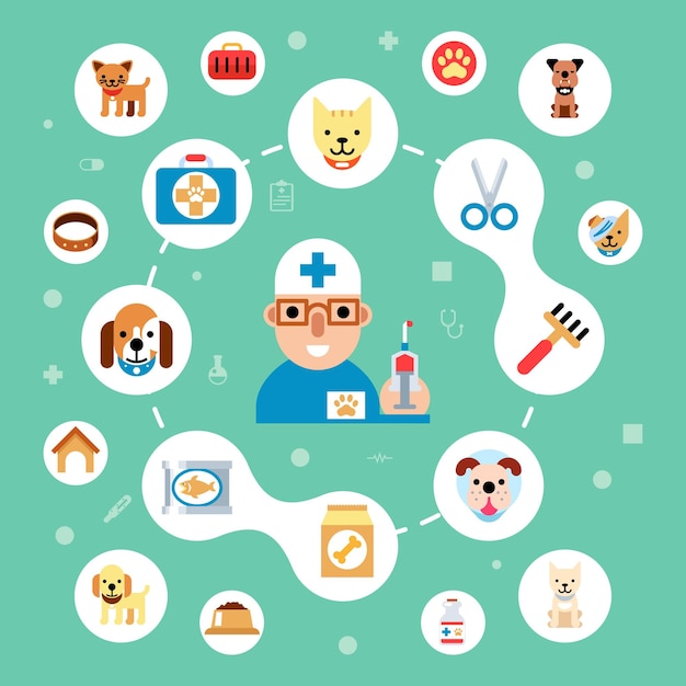 Free vector veterinary illustration with pet medicine clinic care elements