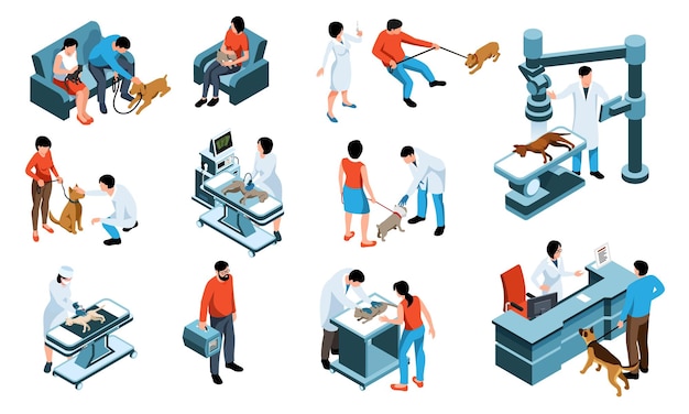 Free vector veterinary isometric icons set with owners with their pets and vets examining cats and dogs isolated vector illustration