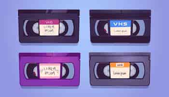 Vettore gratuito cassette vhs, vecchi nastri per impianto video domestico e videoregistratore. insieme del fumetto di vettore di cassette vintage