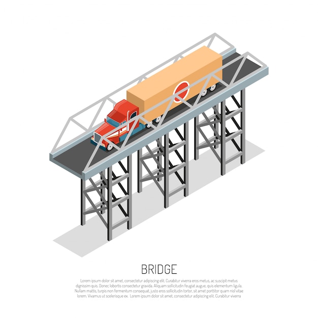 Free vector viaduct bridge metallic construction small span detail isometric composition with cargo auto