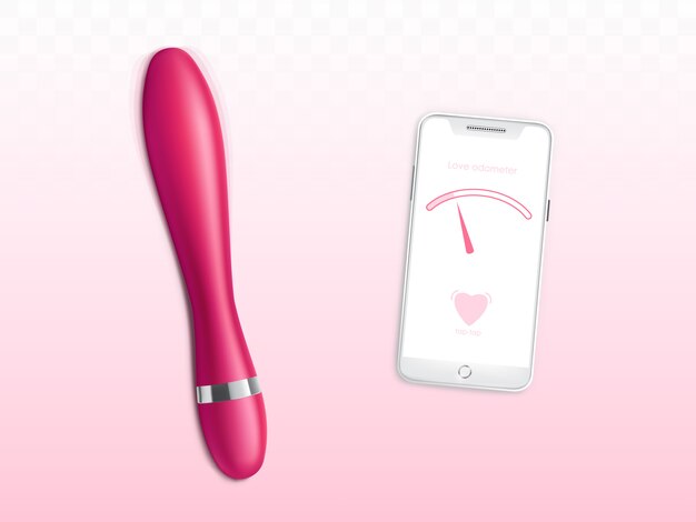 Вибрирующий фаллоимитатор или вибратор, смартфон с масштабом настроек мощности на экране 3d реалистичные векторные иллюстрации, изолированные на розовом фоне. Love odometer, приложение для мобильного телефона для концепции секс игрушек