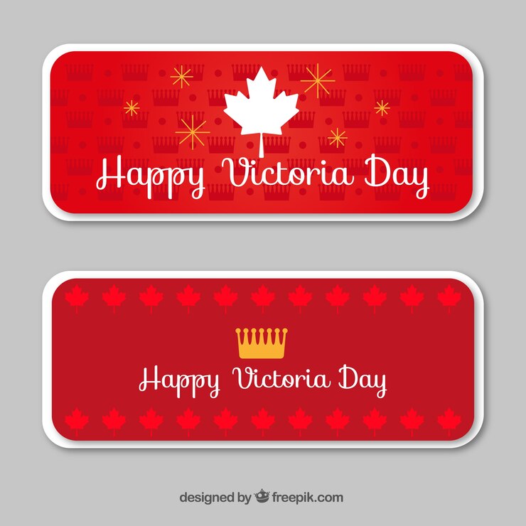 Free Vector victoria day banners with leaf and crown