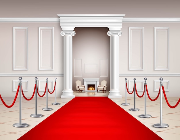 Victorian style hall with red carpet silvery barriers armchairs and fireplace 