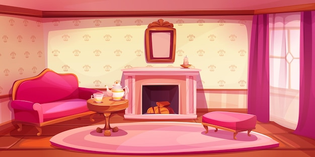 Free vector victorian style living room interior with pink furniture and fireplace cartoon house inside with vintage wallpaper on walls large window with curtains sofa and cup of tea with kettle on small table
