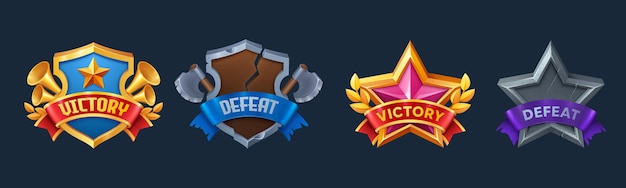Victory and defeat game user interface badges cartoon vector set of win and lose labels with ribbons in form of shield and star success and fail in passing level or completing task result panel