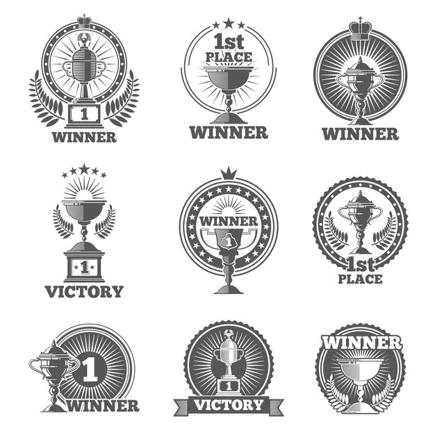 Победные трофеи и награды векторные логотипы, значки, эмблемы. Выиграй кубок спорта, печать чемпиона, векторные иллюстрации