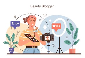 Бесплатное векторное изображение Видео концепция блогера красоты интернет-знаменитость в социальной сети популярная женщина-блогер делает макияж изолированная иллюстрация в мультяшном стиле