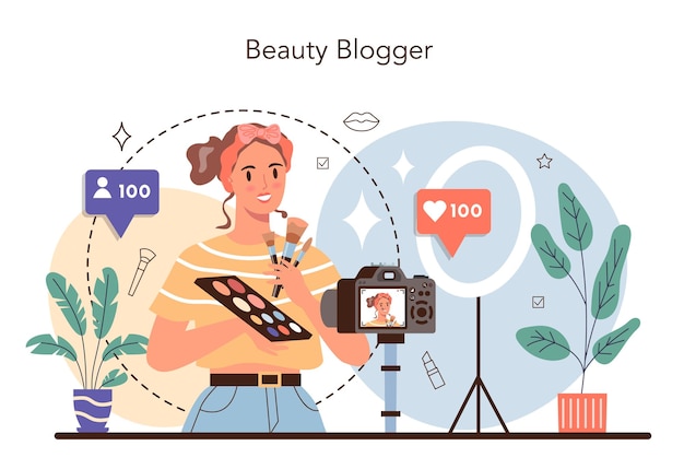 Vettore gratuito concetto di blogger di bellezza video celebrità di internet nel social network blogger femminile popolare che fa trucco illustrazione isolata in stile cartone animato