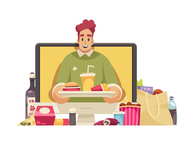 Free Vector video blogger composition with desktop computer and character of fast food male blogger with meal vector illustration
