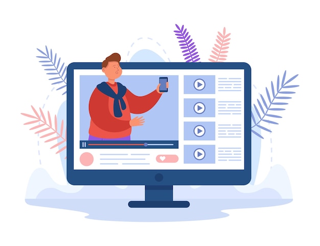 Vettore gratuito video blogger sullo schermo del computer che pubblicizza un nuovo telefono. uomo che pubblica vlog o recensione dello smartphone sull'illustrazione vettoriale piatta del canale. tecnologia, concetto di marketing per banner o pagina web di destinazione