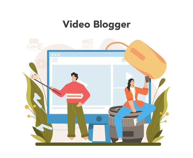 ビデオブロガーのコンセプトインターネットでのビデオコンテンツの共有ソーシャルメディアとネットワークのアイデアオンラインコミュニケーションフラットベクターイラスト