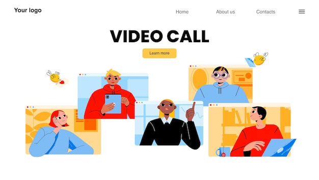 Free vector video call online conference landing page business characters office workers webcam group communication via internet employees remote briefing on computer screens line art flat vector web banner