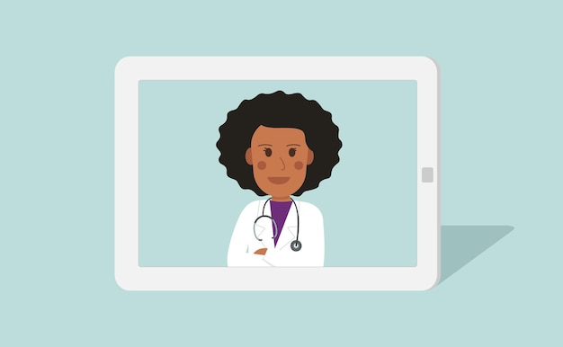 의사와 원격 화상 회의. 온라인 흑인 여성 의사와 태블릿 화면입니다. 의학 및 원격 의료 개념입니다. 벡터 평면 사람 그림입니다.