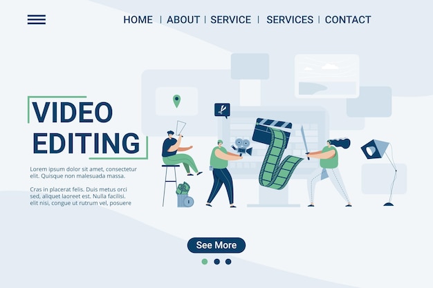 Video editing landing page web template, video studio, cartoon style  illustration