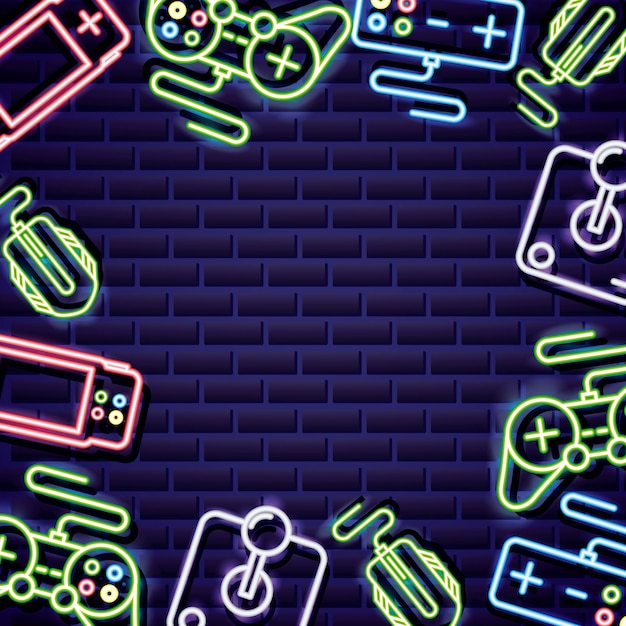 Free vector video game controls frame on neon style on brick wall